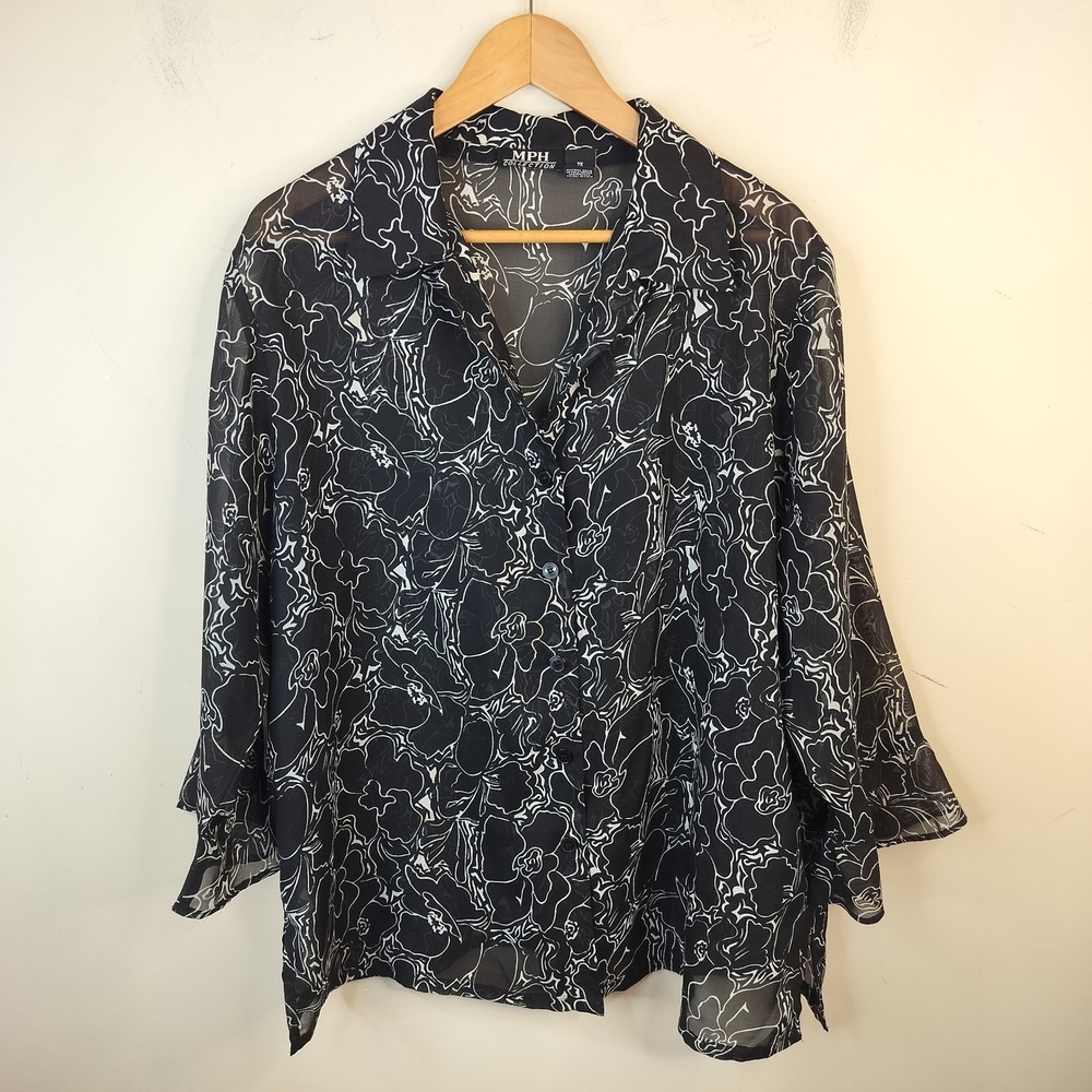 MPH Collection Floral Blouse Button Down 2X Womens Sheer Lightweight Black